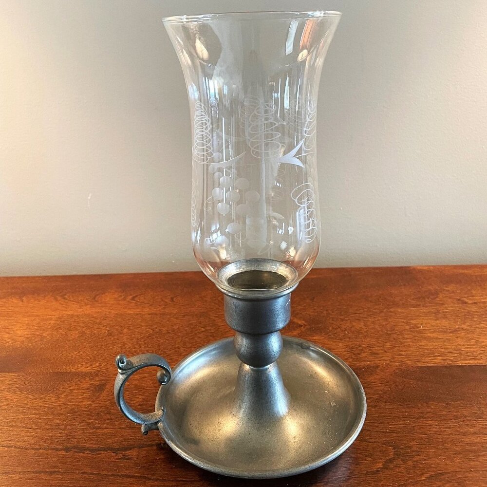 Web Early American Pewter Candlestick Holder w. Etched Glass Hurricane Shade
